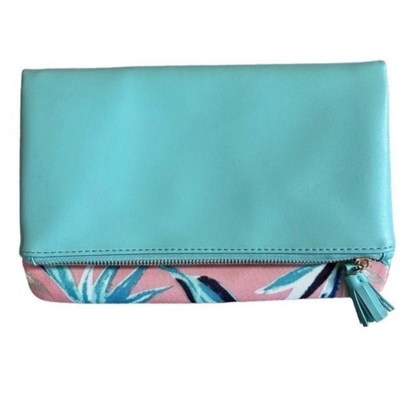 Rachel Pally Handbags - Rachel Pally Teal Pink Tropical Floral Leaf Pattern Reversible Fold Over Clutch